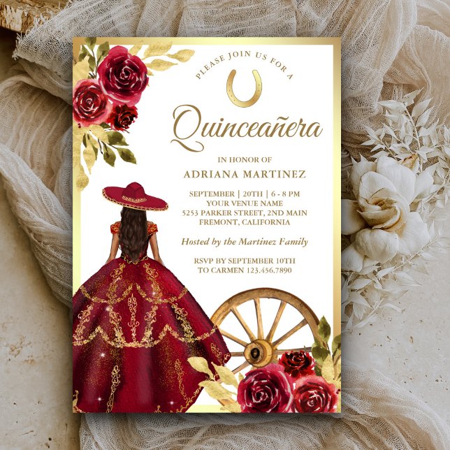 Burgundy Red Floral Dress Charro Gold Quinceanera Invitation (Creator Uploaded)
