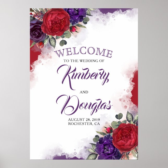 Burgundy Red Floral Eggplant Wedding Welcome Sign (Front)