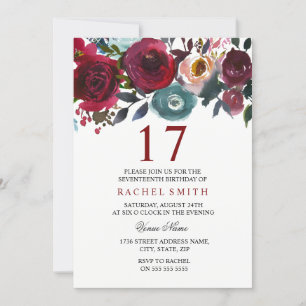 Burgundy Red Floral Elegant 17th Birthday Invite