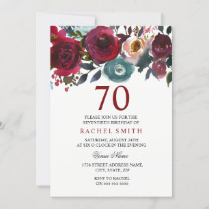 Burgundy Red Floral Elegant 70th Birthday Invite