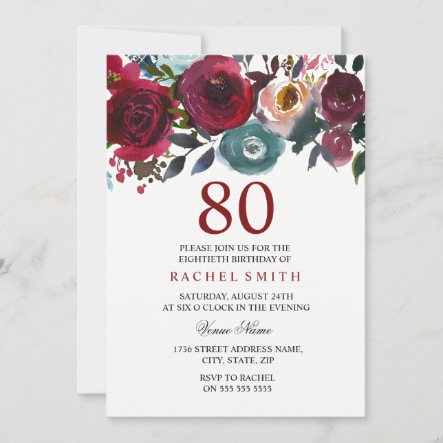 Burgundy Red Floral Elegant 80th Birthday Invite (Front)