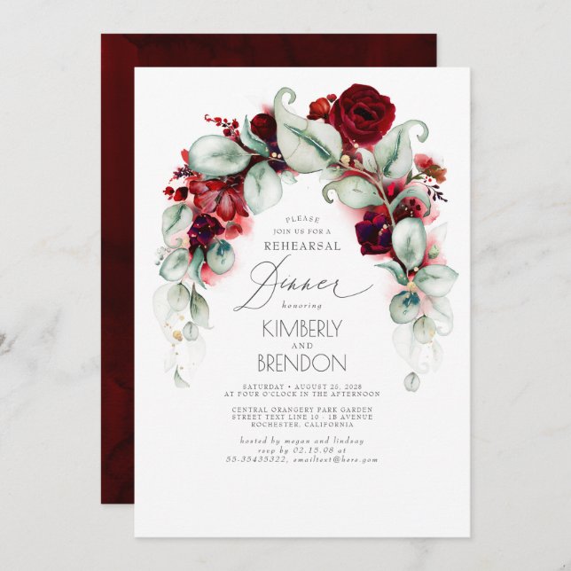 Burgundy Red Floral Elegant Rehearsal Dinner Invitation (Front/Back)