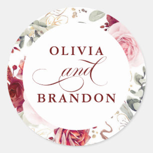 Burgundy Red Floral Elegant Wedding Classic Round Sticker