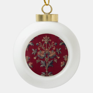 Burgundy red floral embroidery bag ceramic ball christmas ornament