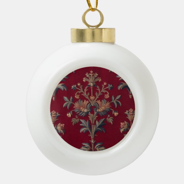 Burgundy red floral embroidery bag ceramic ball christmas ornament (Front)