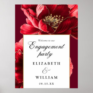 Burgundy Red Floral Engagement Party Welcome Sign