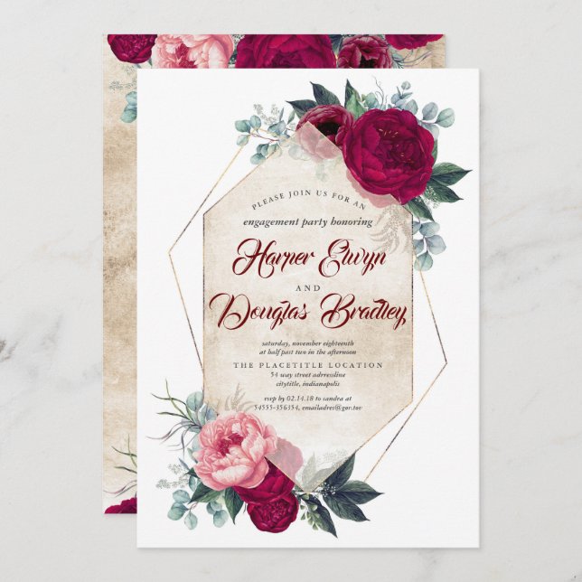 Burgundy Red Floral Fall Engagement Party Invitation (Front/Back)