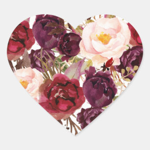 Burgundy Red Floral Fall Wedding Heart Seal