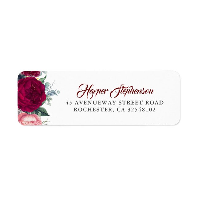 Burgundy Red Floral Fall Wedding Return Address Label (Front)