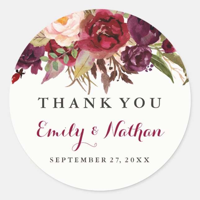 Burgundy Red Floral Fall Wedding Sticker (Front)