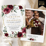 Burgundy Red Floral Geometric Photo Wedding Gold<br><div class="desc">Available in real foil - choose between gold, rose gold or silver. Burgundy red roses, light blush pink flowers, eucalyptus greenery and other types of leaves sit around the gold foil geometric frame to form a pretty wreath. Names and the wedding date also print in foil. The back features a...</div>