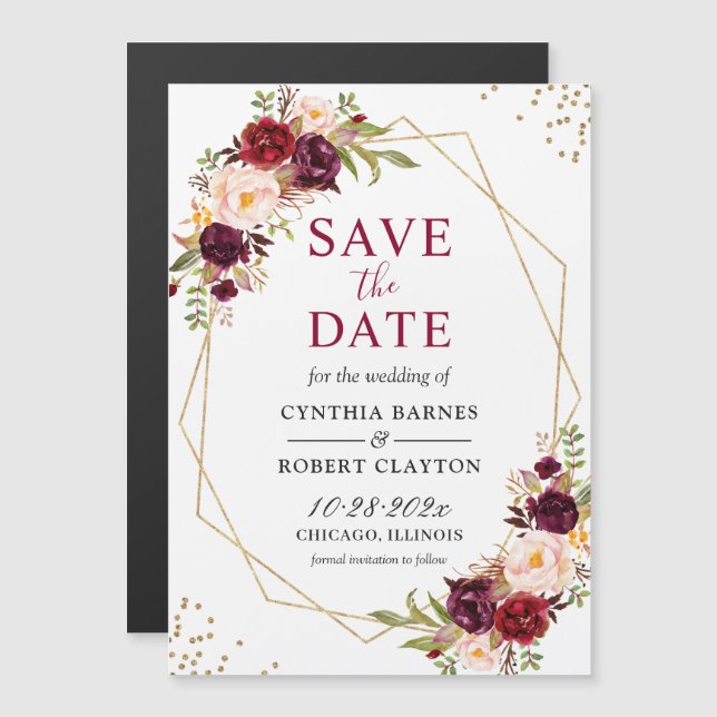 Burgundy Red Floral Geometric Save the Date Magnet (Front/Back)