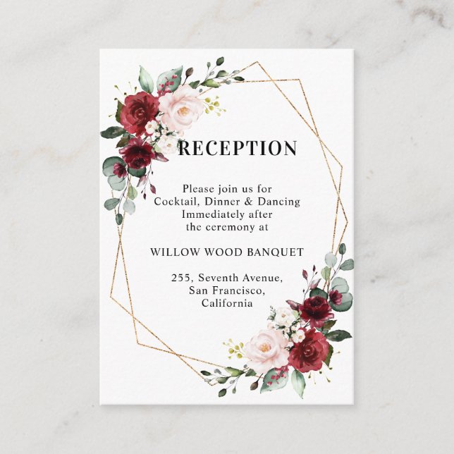 Burgundy Red Floral Geometric Wedding Reception Enclosure Card (Front)