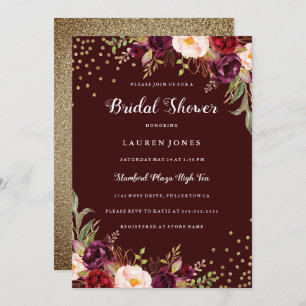 Burgundy Red floral Gold Bridal Shower Invitation