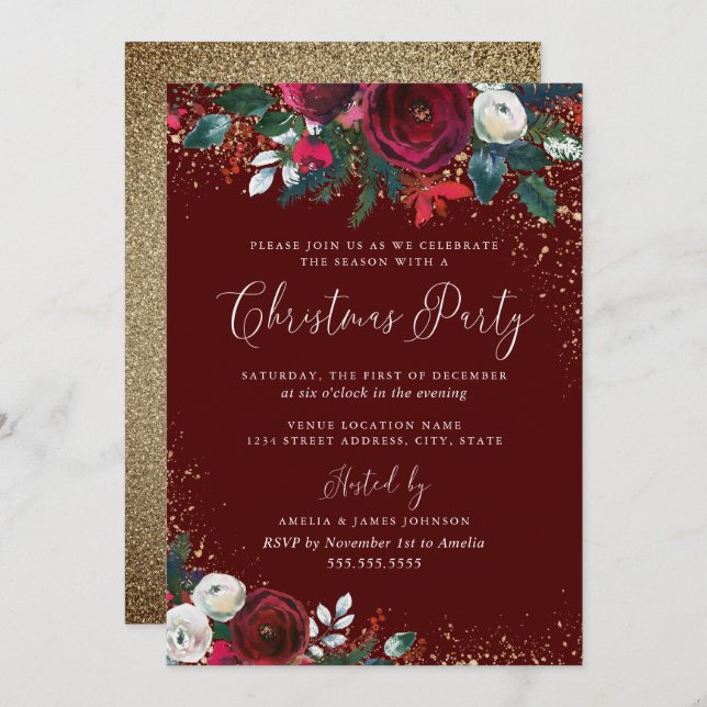 Burgundy Red Floral Gold Dust Christmas Invitation (Front/Back)
