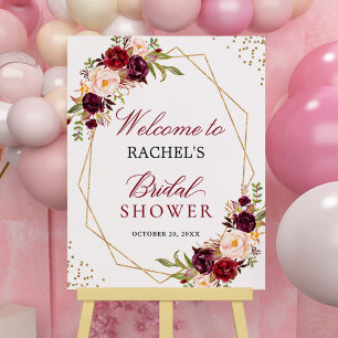 Burgundy Red Floral Gold Frame Bridal Shower Sign