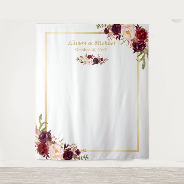 Burgundy Red Floral Gold Frame Wedding Backdrop Tapestry (Front)