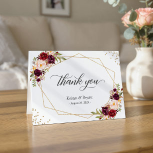 Burgundy Red Floral Gold Geometric Frame Thank You Card