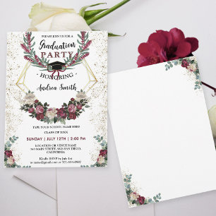 Burgundy Red Floral Gold Glitter Graduation Party Invitation