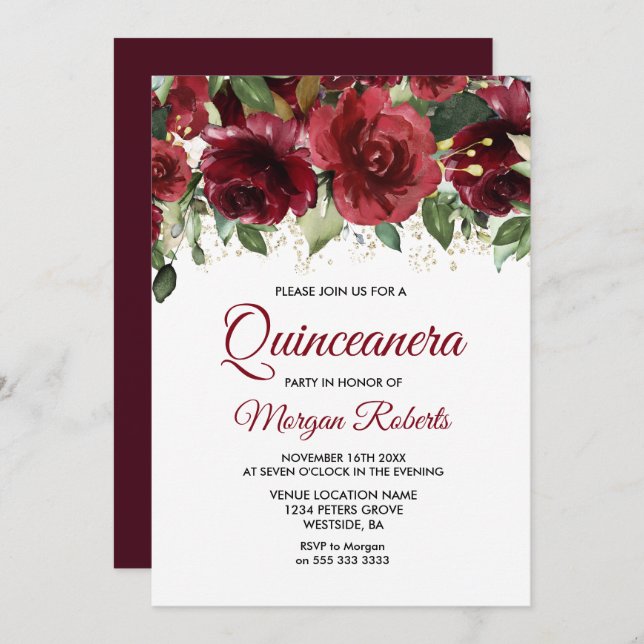 Burgundy Red Floral Gold Glitter Quinceanera Part Invitation (Front/Back)
