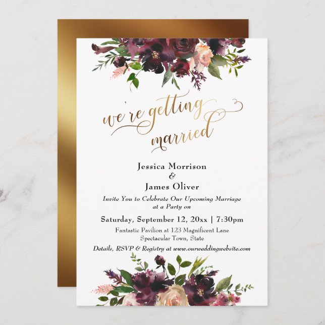 Burgundy Red Floral & Gold We're Getting Married Invitation (Front/Back)