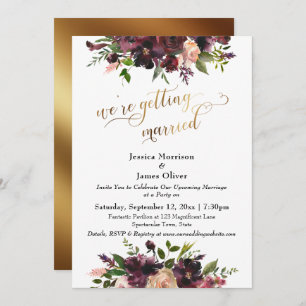 Burgundy Red Floral & Gold We're Getting Married Invitation