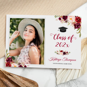 Burgundy Red Floral Grad Photo Graduation Party Invitation