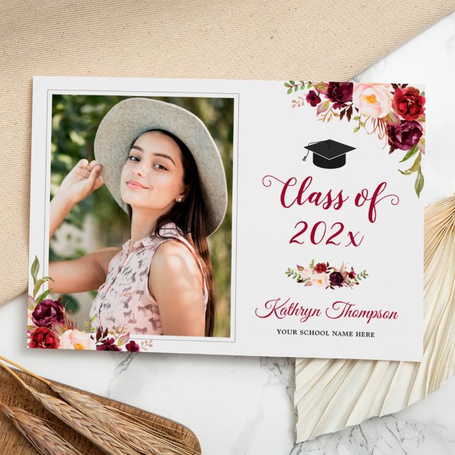 Burgundy Red Floral Grad Photo Graduation Party Invitation (Creator Uploaded)