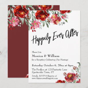Burgundy Red Floral Happily Ever After Typography Invitation