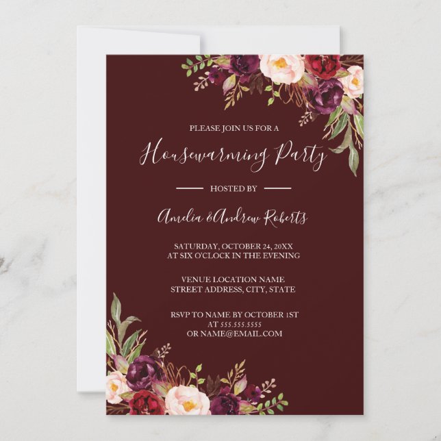 Burgundy Red Floral Housewarming Party Invitation (Front)