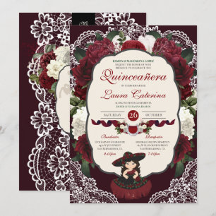 Burgundy Red Floral Lace Charro Quinceanera  Invitation