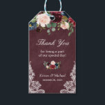 Burgundy Red Floral Lace Wedding Favour Thank You Gift Tags<br><div class="desc">Customise this "Burgundy Red Floral Lace Wedding Favour Thank You Gift Tag" to add a special touch. It's a perfect addition to match your colours and styles. (1) For further customisation, please click the "customise further" link and use our design tool to modify this template. (2) If you need help...</div>