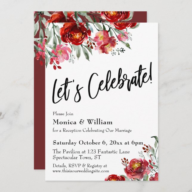 Burgundy Red Floral Let's Celebrate Typography Invitation (Front/Back)
