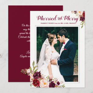 Burgundy Red Floral Married Merry Christmas Photo Invitation