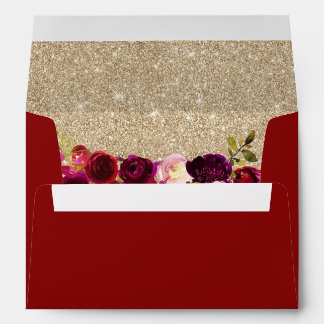 Burgundy Red Floral Modern Gold Glitter Wedding Envelope (Back (Bottom))