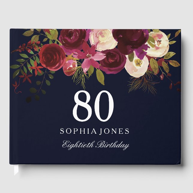 Burgundy Red Floral Navy 80th Birthday Guest Book (Front)