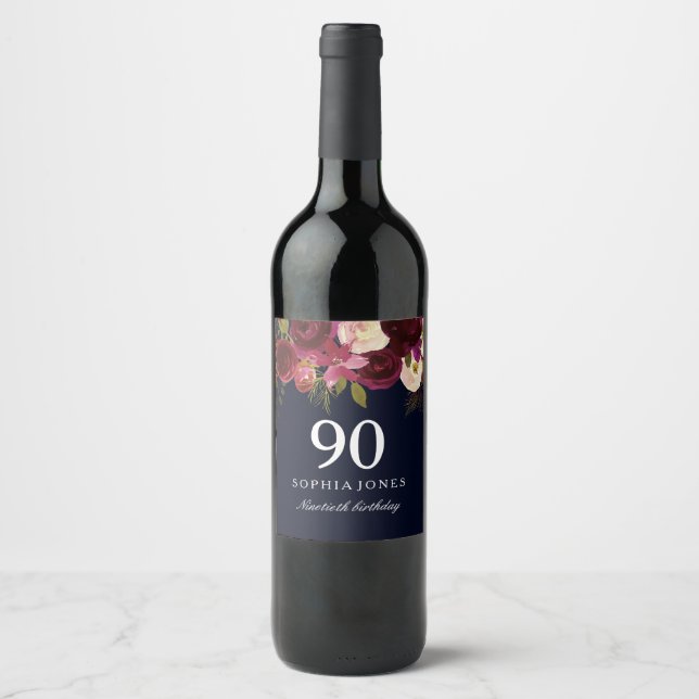 Burgundy Red Floral Navy 90th Birthday Party Wine Label (Front)
