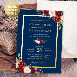 Burgundy Red Floral Navy Blue Gold Frame Wedding