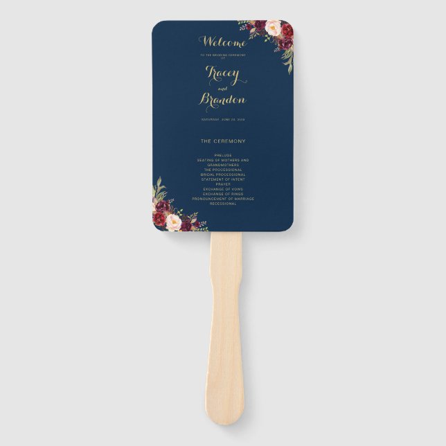 Burgundy Red Floral Navy Blue Gold Script Wedding Hand Fan (Front)