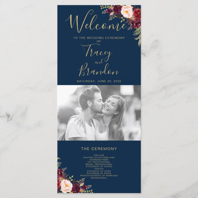 Burgundy Red Floral Navy Blue Script Photo Wedding Program (Front)