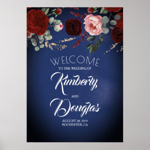 Burgundy Red Floral Navy Blue Wedding Welcome Sign