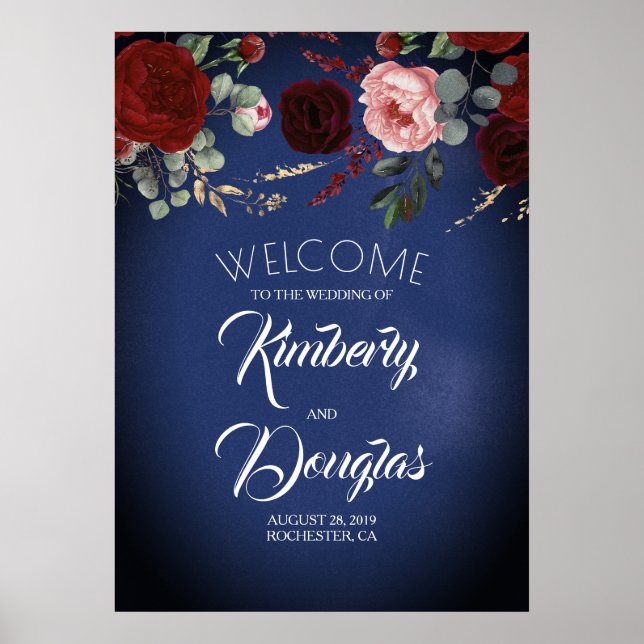 Burgundy Red Floral Navy Blue Wedding Welcome Sign (Front)