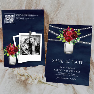 Burgundy Red Floral Navy QR Code Wedding Photo Save The Date