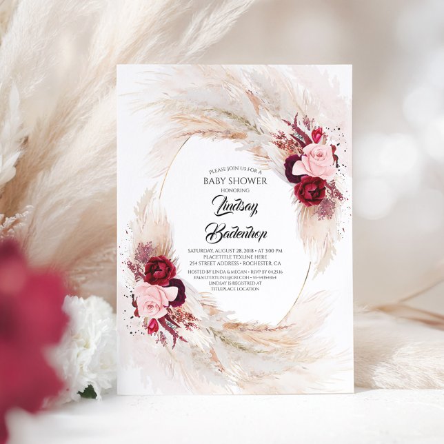 Burgundy Red Floral Pampas Grass Baby Shower Invitation (Burgundy Red and Pink Flowers Elegant Boho Baby Shower Invitation)