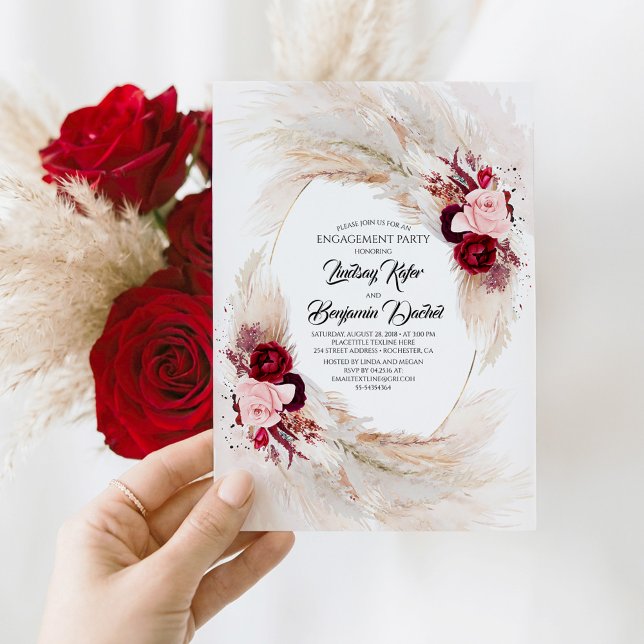 Burgundy Red Floral Pampas Grass Engagement Party Invitation (Red and Pink Floral Botanical Engagement Party Invitation)