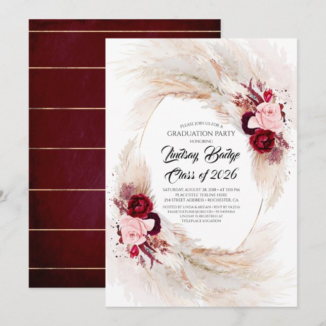 Burgundy Red Floral Pampas Grass Graduation Party Invitation (Front/Back)