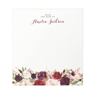 Burgundy Red Floral Personalized Social Stationery Notepad