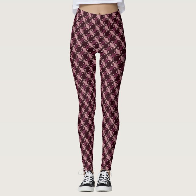 Burgundy Red Floral Petal Digital Pattern Leggings (Front)