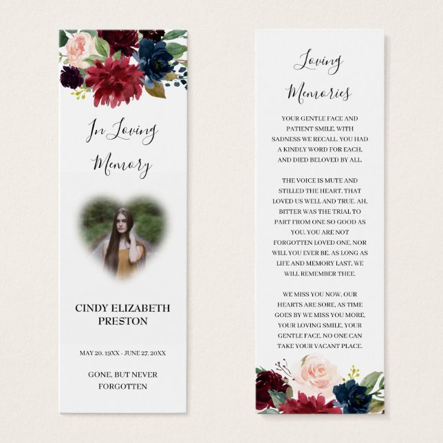 Burgundy Red Floral Photo Funeral Poem Bookmark (Front & Back)