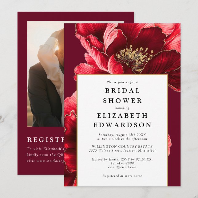 Burgundy Red Floral Photo QR Code Bridal Shower Invitation (Front/Back)
